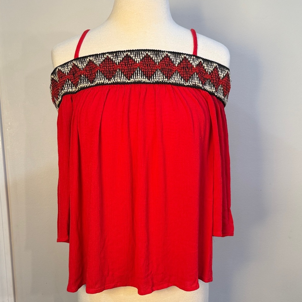 BCX Red Off-Shoulder Blouse with Geometric Trim